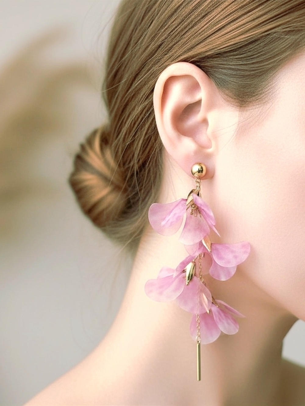 🆕️ Delicate Pink Petal Drop Earrings - Gold Accents